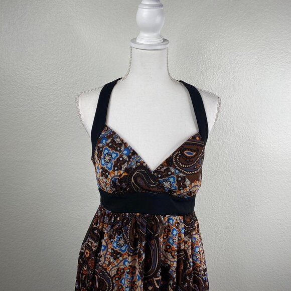 Bisou Bisou Michelle Bohbot Dress Babydoll Halter Maxi Brown Sz 8 Resort Boho - Picture 4 of 13